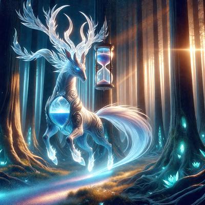 The primary subject of the image is a white horse with a clock on its back. The horse is standing in a forest, surrounded by trees. The visual style of the image is digital art, and the colors and mood are predominantly blue and serene.